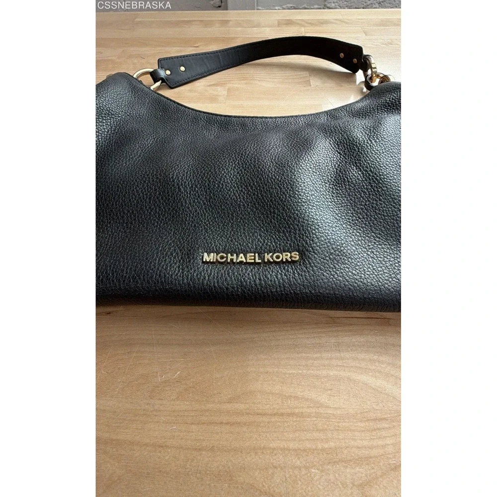 Michael Kors Black Pebbled Leather Hobo Shoulder Bag Gold Tone Ring Hardware